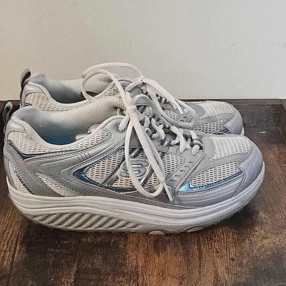 SKECHERS SHAPE UPS 11814 Metallic Blue Silver Tone Walking Yoga Womens Shoes Wom